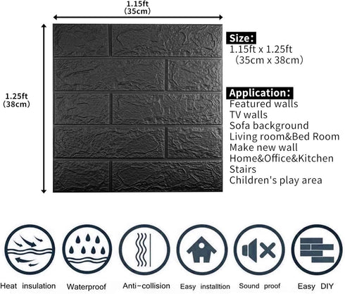 10 PCS Black 3D Wall Panels, 14.5 sq.feet Coverage, Printable Wallpaper Sticker with Self-Adhesive Waterproof Brick PE Foam Wall Panels Peel and Stick for Interior Wall Decor, Home Decoration by Sodeno