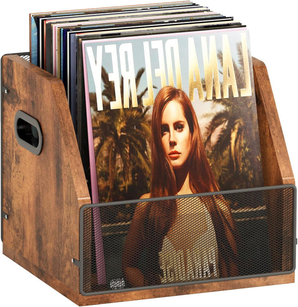 Homeiju Vinyl Record Storage, Metal & Wooden LP Record Crate, Holds up to 60 Records, Desktop Box Case