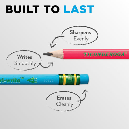 Ticonderoga My First Tri-Write Wood-Cased Pencils - Pre-Sharpened, 2 HB with Erasers, Neon Colors, 2 Count, 6 Packs
