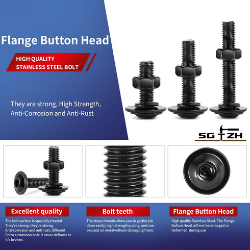 M8 x 70mm Flanged Button Head Socket Cap Screws, 10Pcs 18-8 (304) Stainless Steel with Nuts, Washers & Hex Spanner