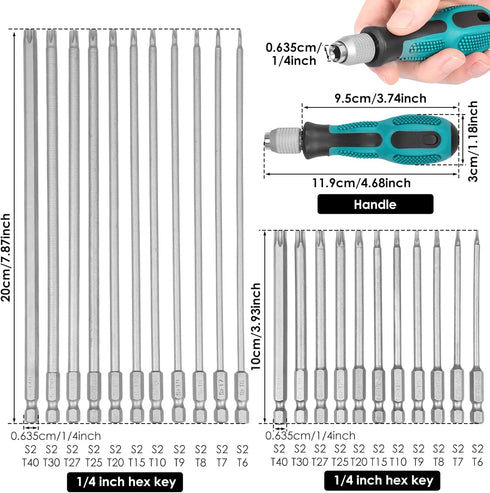 23pcs Set, Set (11x4" 11x8") T6-T40 S2 Torx Screwdriver Tamper Proof Torx Bit + With Bit Holder Ultra-Long Security