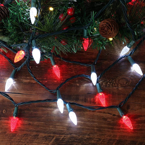 C5 33ft 100 120V Brizled Red & White Christmas Lights, LED Christmas Tree Lights, Connectable UL Certified Faceted Xmas