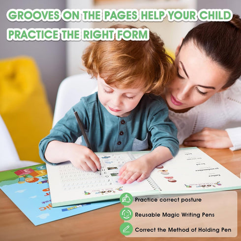 Set: 5-Pack 3-8, Large Handwriting Magic Grooved Practice Copybook with Wooden Alphabet Tracing Board, Reusable Letter