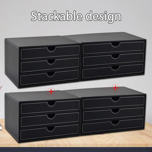 PU Leather Desk Organizer with 3 Drawers, Black Executive Office Supplies Desktop Filing A4 File Cabinet for