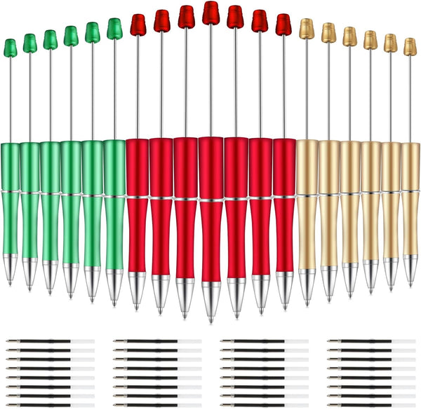 Whaline 24Pcs Beadable Ballpoint Pens in Red, Green, Gold, Retractable Gel Ink with Extra Refills for Xmas DIY Supplies