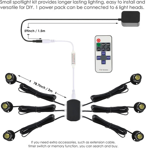 DEDC 6pcs 3000K Dimmer, Closet LED Mini Spot Light, Spotlights with RF Art Picture Lights, Spotlight for Plants Jewelry