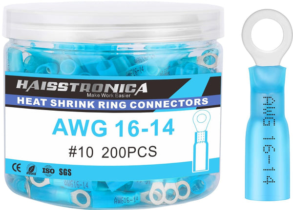 haisstronica 200PCS Heat Shrink Ring Terminals - #10 Marine Grade Wire Connectors, Tinned Red Copper, Insulated