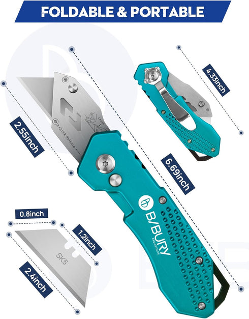 BIBURY Utility Knife, Heavy Duty Folding Box Cutter, Pocket Carpet Cutter with 10 Extra SK5 Blades, Green