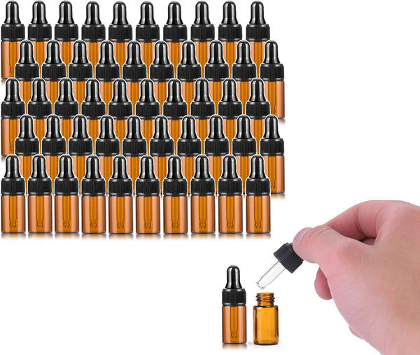 50 Pack, 3ml Amber Glass Dropper Vial for Essential Oils, Empty Glass Eye Dropper Bottle with Black Screw Cap