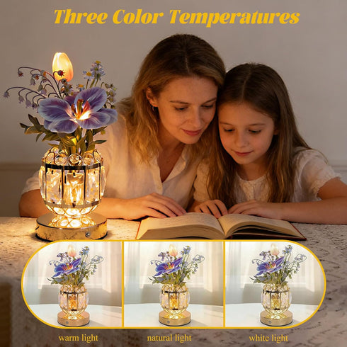 BVI BOOMERVIVI 3-Color Dimmable Flower Crystal Table Lamp, Small Night Light, Rechargeable Cordless Touch Lamp