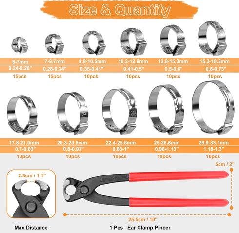 120PCS 11 Sizes Single Ear Hose Clamps, 304 Stainless Steel Stepless Cinch Rings Crimp Assortment Kit with Ear Clamp