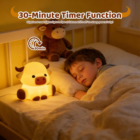 7 Dimmable Cute Highland Cow Night Light, LED Touch Silicone Lamp for Bedroom with Colors Timer and Squishy
