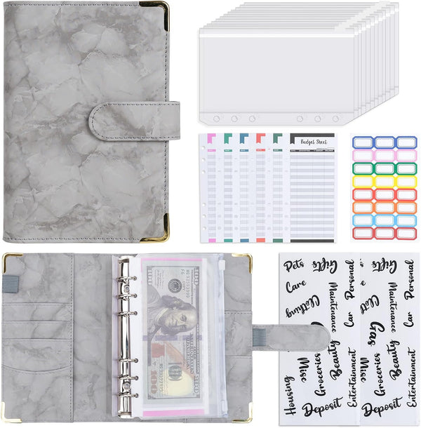 Budget Binder Leather A6 Cash Envelopes, Money Saving Binder with Zipper Envelopes for Budgeting, Gray