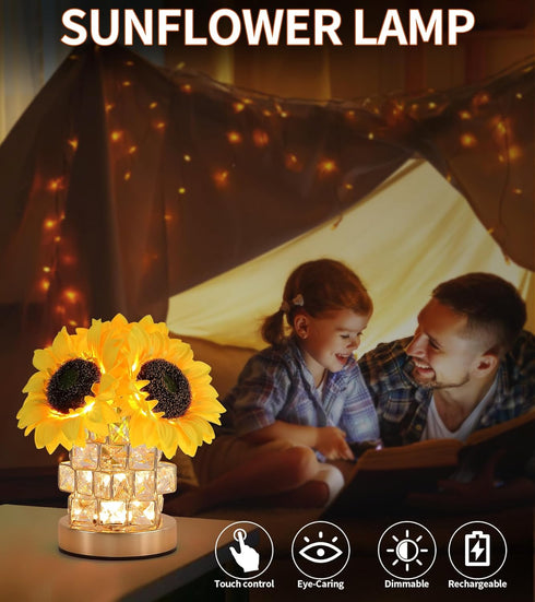 Lamp,3-Colour Dimming AIHYING Sunflowers Flower Lamp,Rechargeable Cordless Touch Infinitely Small Night Light,Crystal