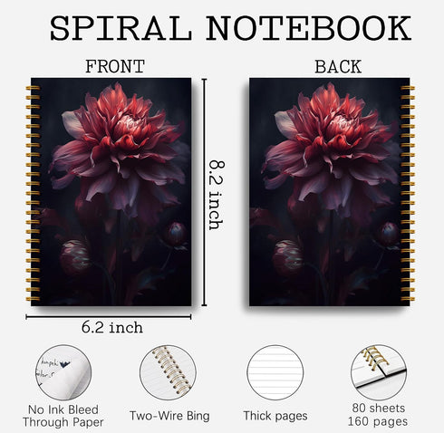 Dark Academia Moody Dahlia Notebook for Women, Gothic Floral Journal, Witchy Spiral Notebook 5.5x8.3