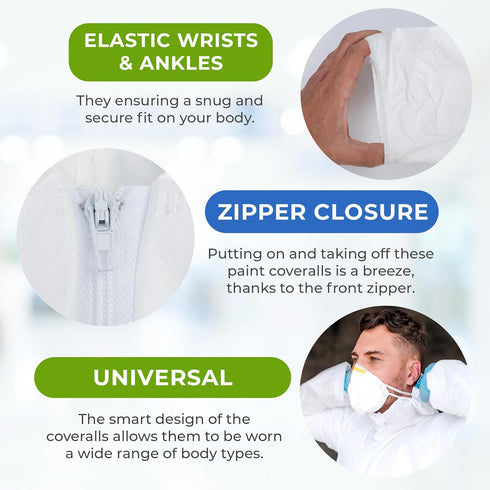 Pack 5 60 AMZ Medical Supply White Disposable Coveralls with Hood, Large. of Microporous Lab Coveralls for Men