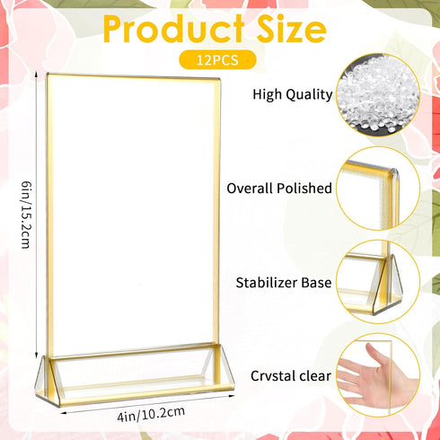 Yuanan 12 4x6 Inch PCS Acrylic Sign Holders, Wedding Table Number Holder Table Top Double Sided Gold Photo Frames Clear
