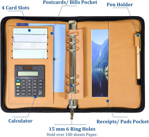 SAYEEC A5 Executive Conference Folder Zipped Portfolio Binder Faux Leather Padfolio with Calculator and Loose Leaf Paper