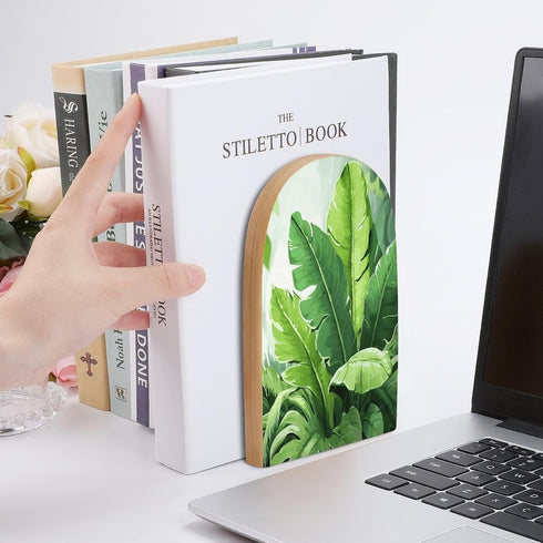 VstaDank Cute Banana Leaves Book Ends for Shelves Decorative Wooden Bookends Non-Skid Metal Book Stopper Large Book