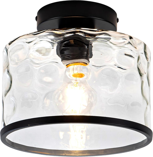 Zlepmlla Glass Ceiling Light, Black Semi Flush Mount with Hammered Glass Shade, Farmhouse