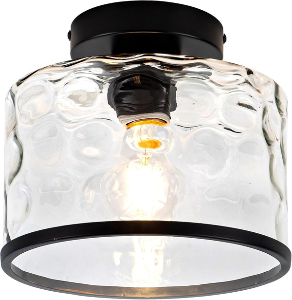 Zlepmlla Glass Ceiling Light, Black Semi Flush Mount with Hammered Glass Shade, Farmhouse