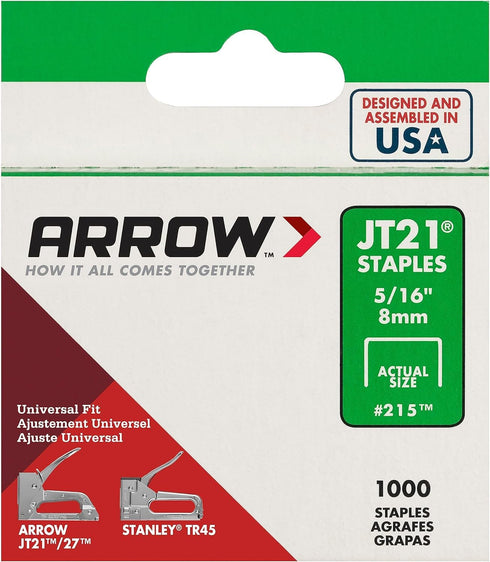 Arrow JT21 Thin Wire Staples for Staple Guns and Staplers, 5/16-Inch Leg Length, 7/16-Inch Crown Width, 1000-Pack, Made