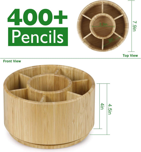 Bamboo Rotating Pencil Holder for Desk - Pen Holder Desk Organizer with 7 Compartments for Office Supplies