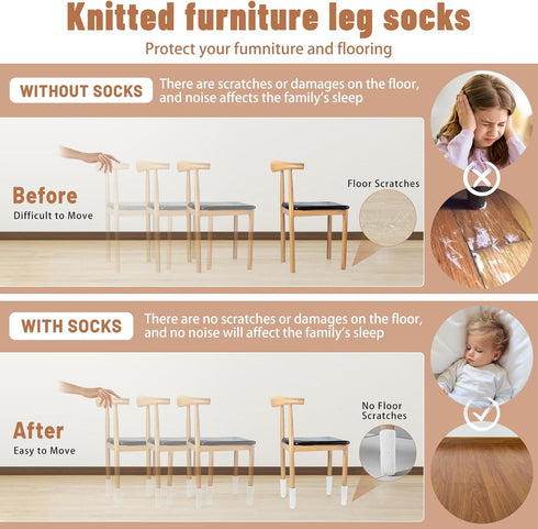 16 Set PCS White Furniture Leg Socks - Knitted Chair Leg Floor Protectors for Hardwood Floors - Fits Round and Square