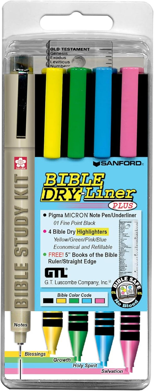 G.T. Luscombe Company Bible Dry-Liner, Yellow, Green, Blue, Pink Highlighters, Pigma Micron 01 Black Ink, 5-Piece Set