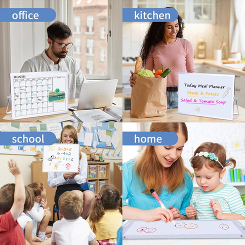Dry Erase White Board, 16 x 12 inches Double-Sided Magnetic Monthly Planner with Stand for Kitchen, School