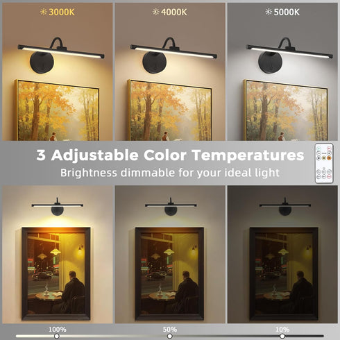 3 Dimmable Wireless Picture Light, Magnetic Rechargeable LED Painting Light with Remote, Battery Operated Wall Art
