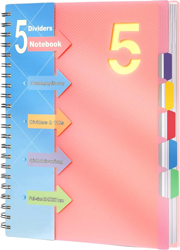 CAGIE Pink Spiral Notebook, 8.5 x 11 with Dividers, 220 Pages, 5 Subject Notebook with Tabs, Hardcover A4 Journal