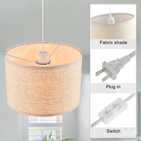2 Pack 15Ft Plug in Pendant Light, Hanging Light with Clear Cord, On/Off Switch, Beige Linen Fabric Lamp Shade, Hanging