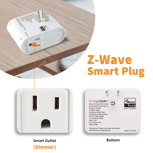 Zwave Smart Light Dimmer Outlet, Z-Wave Plug-in Socket, Built-in Repeater, Requires Z Wave Hub, Works with SmartThings,