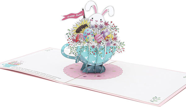 Liif Teacup Easter Bunny Gift 3D Greeting Pop Up Card, Happy Easter Card for Kids, Grandson, Granddaughter, Cute, Funny
