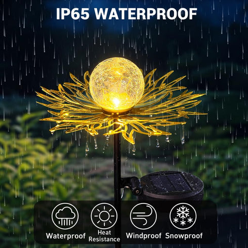 Solar Garden Lights Outdoor Decor, Metal Flower Stake Light with Warm White Crackle Glass Globe, Waterproof Decorative