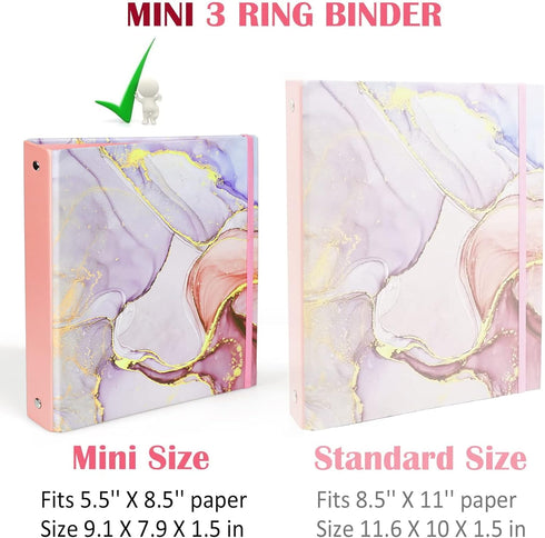 Mini 3 Ring Binder (Lightpink Marble) - 5.5 x 8.5 in, 1 Inch with Elastic Cord, Fits Loose Leaf Paper