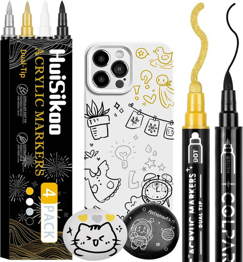 HuiSikoo Paint Marker, 4 Pack Dual Tip Acrylic Paint Pens with Medium Tip