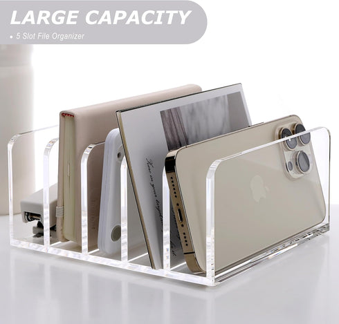 SANRUI Clear Desktop File Organizer, 5 Compartments Acrylic Document Sorter for Office, Home, School
