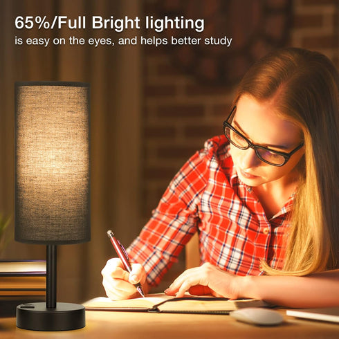 3 Dimmable Black Touch Nightstand Lamps for Girl - Small Bedside Lamp with USB-C and USB Charging Ports, Way Control
