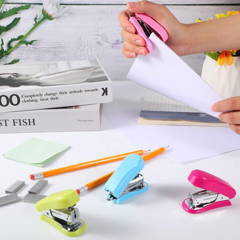 Ctosree Mini Stapler Bulk, 12 Pieces with 12 Boxes Staples, Built-in Staple Remover, Desk Tool (Blue, Green, Pink, Rose)