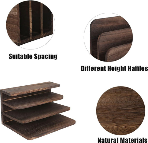 File Holder for Desk, Rustic Wood Paper Organizer, Mail Sorter for Desktop, Dark Brown