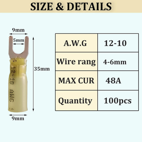 100pcs 12-10 10 AWG12-10) AWG Marine Grade Heat Shrink Fork Connectors, Tinned Copper Heat Shrink Fork Terminals