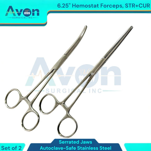 Avon Surgical Pack 2pcs (6.25 Inches) of - Hemostat Clamp Forceps with Serrated Jaws, Curved + Straight, Autoclave-Safe