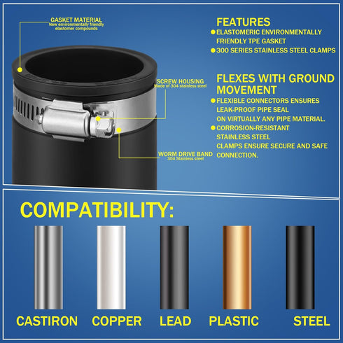 5 Pcs Flexible TPE Coupling with Stainless Steel Clamps for Plastic and Copper Plumbing Connections