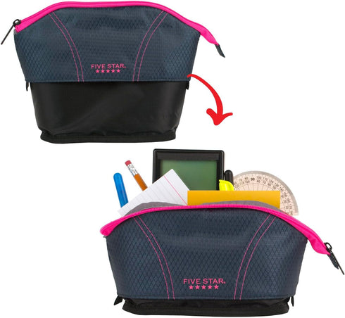 Five Star Pencil Pouch, Pen Case, Storage Organizer for School Supplies Earbuds Chargers Cables Makeup, Quick View Expandable, Navy/Pink (507610B-ECM) by Five Star