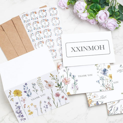 XXINMOH 102 PACK (4"x6") Floral Thank You Cards With Envelopes - Wildflower Blank Cards With Adhesive Envelopes