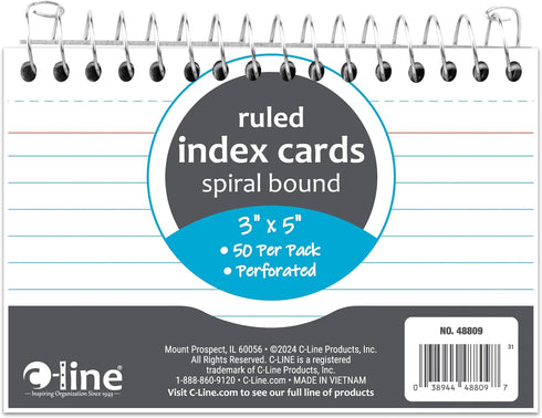 C-Line 3 x 5 Spiral Bound Index Card Notebook, Ruled, 50/PK (48809)