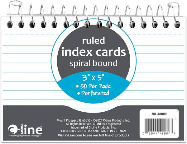 C-Line 3 x 5 Spiral Bound Index Card Notebook, Ruled, 50/PK (48809)