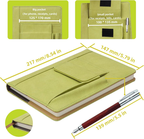 Refillable Lined Leather Journal Notebook, A5 Size for Women Men, 200 Pages Thick Paper Notebooks with Front Pockets
